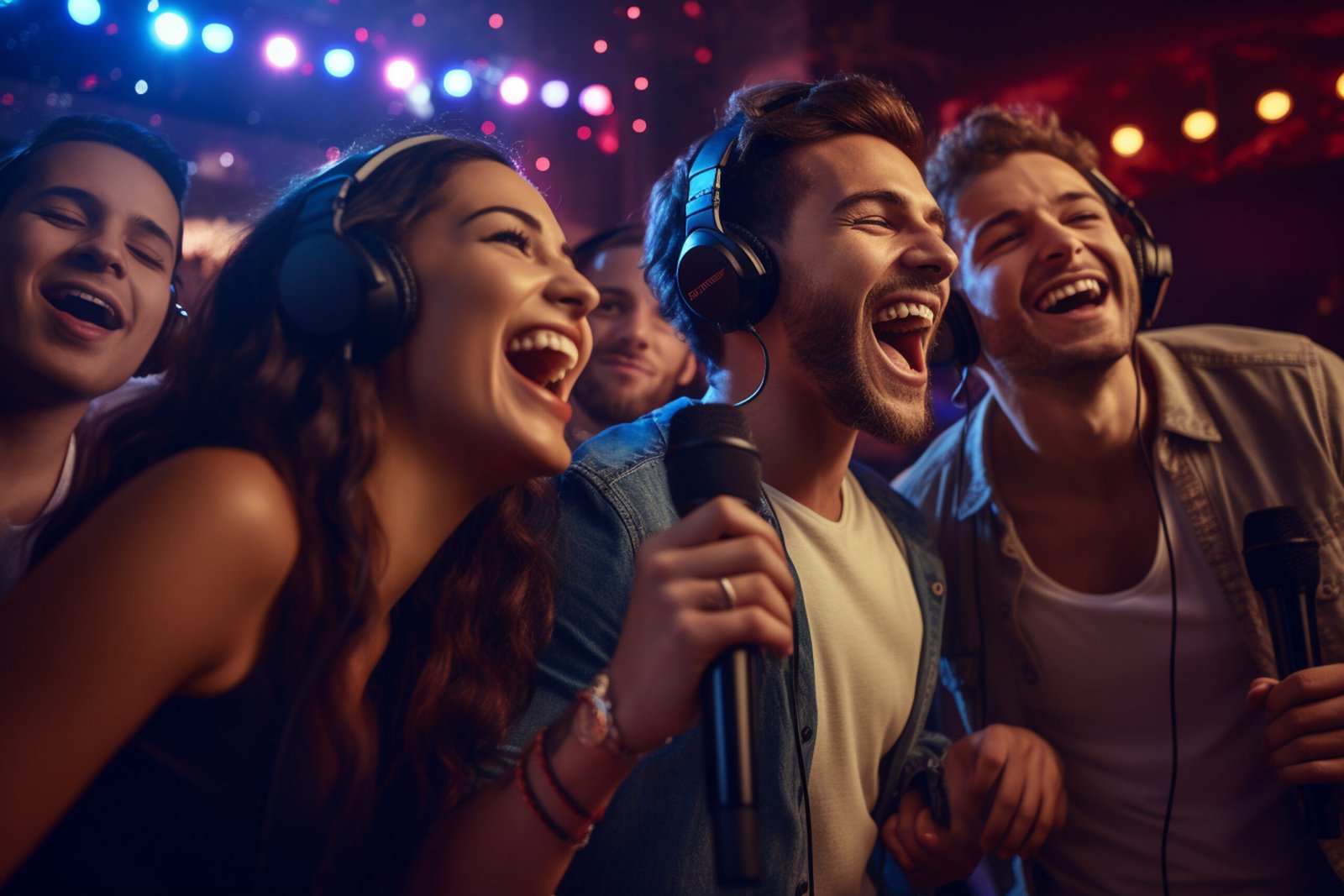 Amigos disfrutando fiesta con DJ y luces
