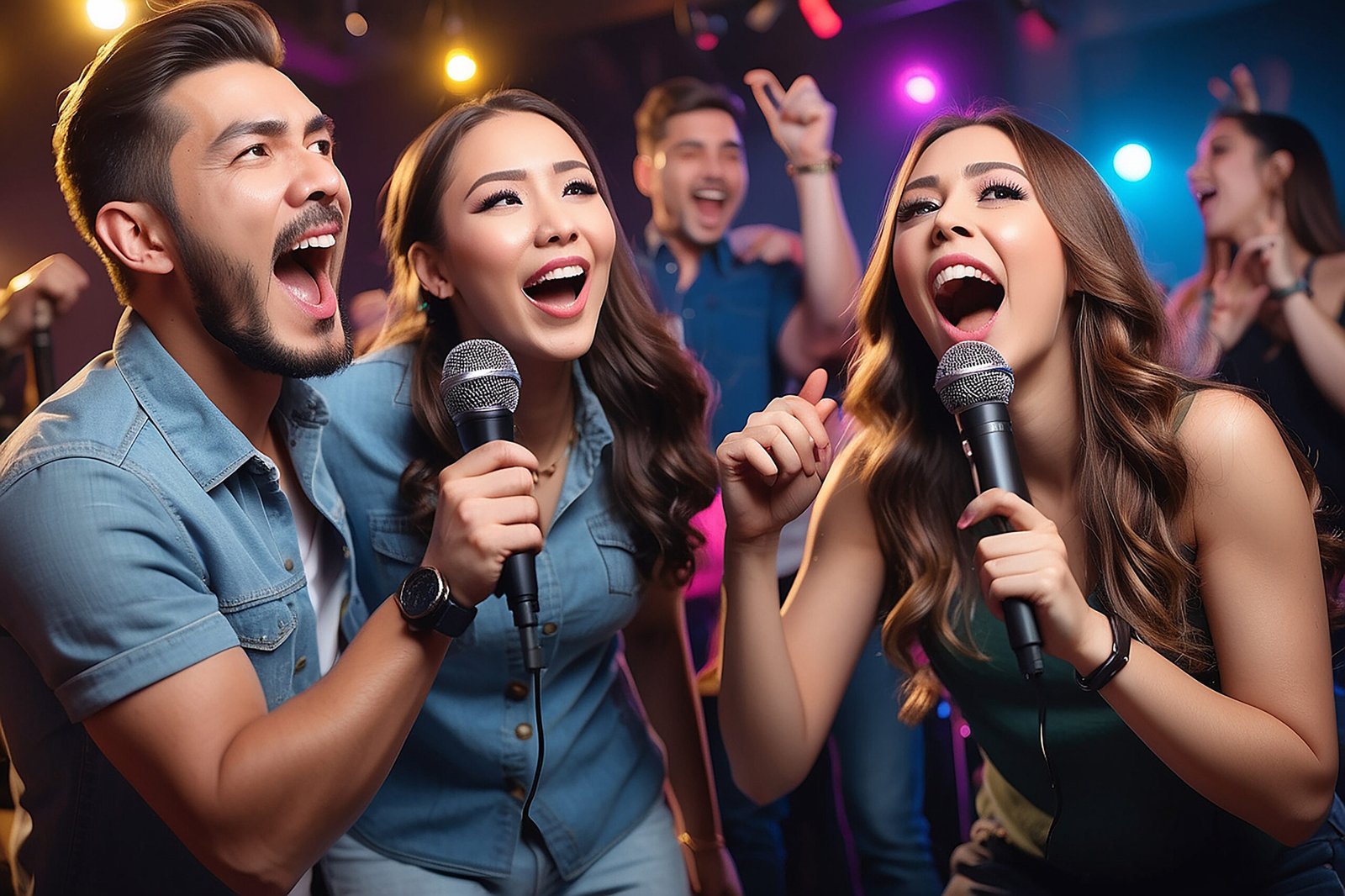 Amigos cantando karaoke en fiesta en depto de Narvarte